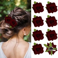 Dark Red Rose Flower Hair Clip Women Girls 8 PCS Fabric Flower Brooch