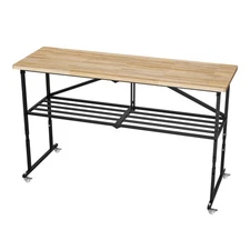 Foldable Hardwood Workbench Adjustable Wood-Top Utility Table w/ Locking Casters