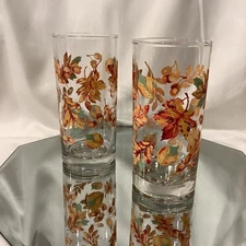 Crisa Libbey Autumn Fall Leaves Tumbler Hiball Ice Tea Glass - Set of 2