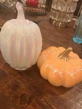 Ceramic Pumpkin Figurines Set White Orange Gl...