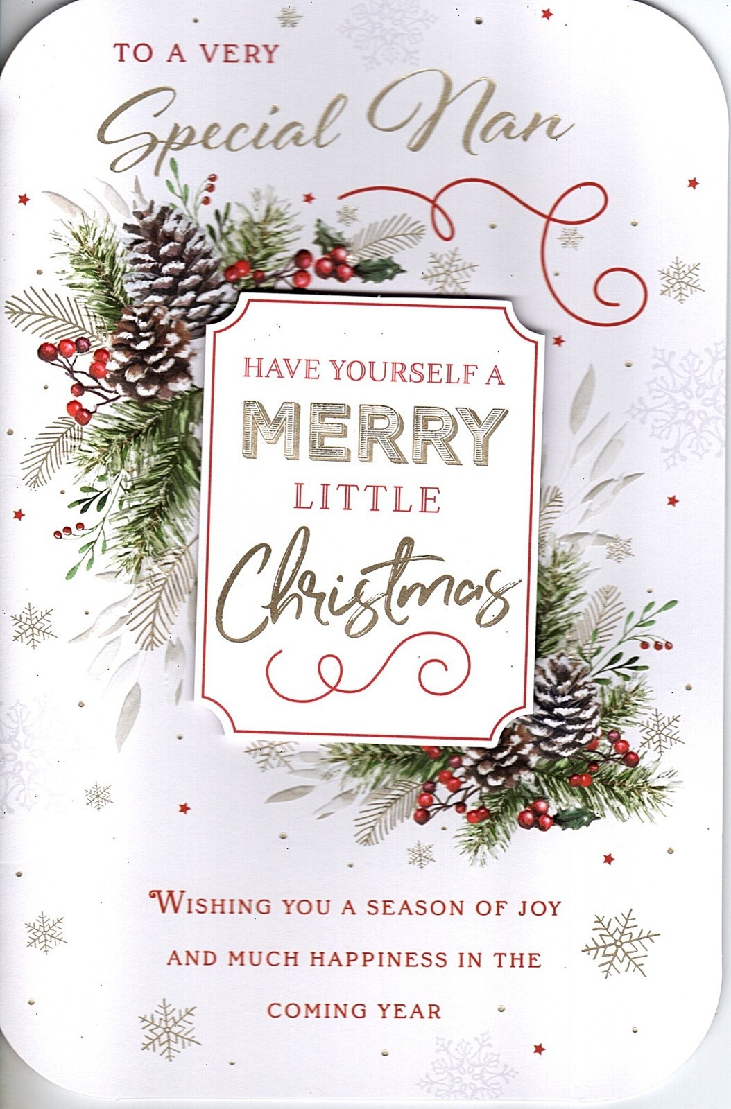 Merry Happy Christmas Card To a Very Special Nan Gold Foil Holly Pine Cones