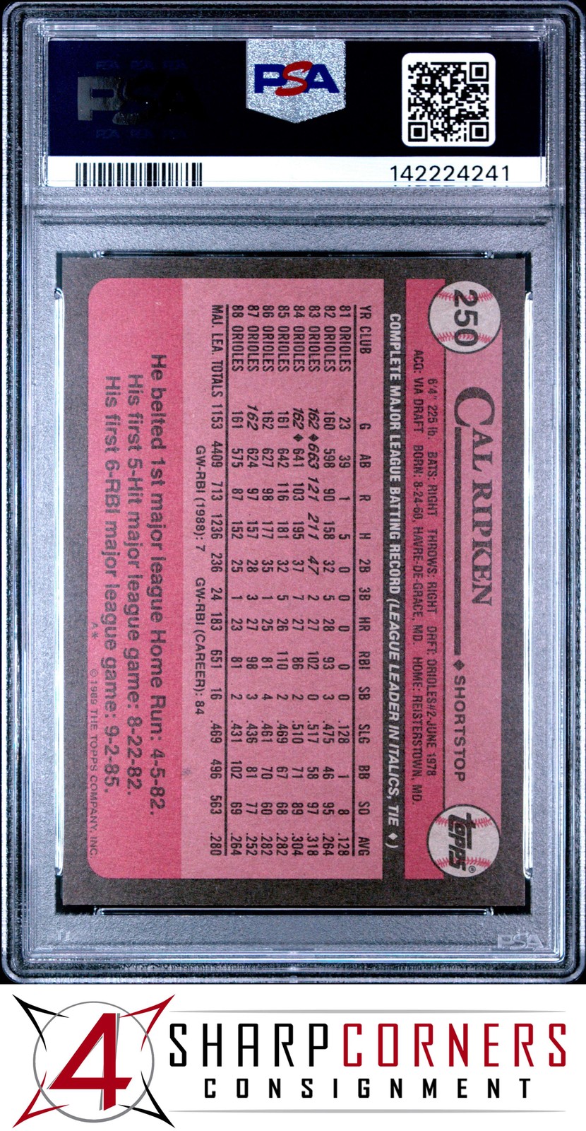 1989 TOPPS #250 CAL RIPKEN JR. ORIOLES HOF PSA 10 view 2