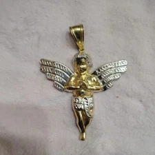 Praying Angel Charm Pendant Diamond Cut Real 10K Yellow White Two-Tone Gold