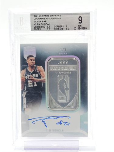 TIM DUNCAN 2024-25 PANINI EMINENCE LOGOMAN SILVER BAR AUTO /3 BGS 9 DAMAGE Q1300