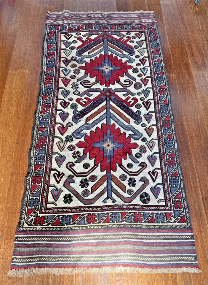 Alfombra Kilim Lana Pie Corredor Caucásico Tejido Plano Decoración Boho 74 x 35 pulgadas Foto 2 de 4