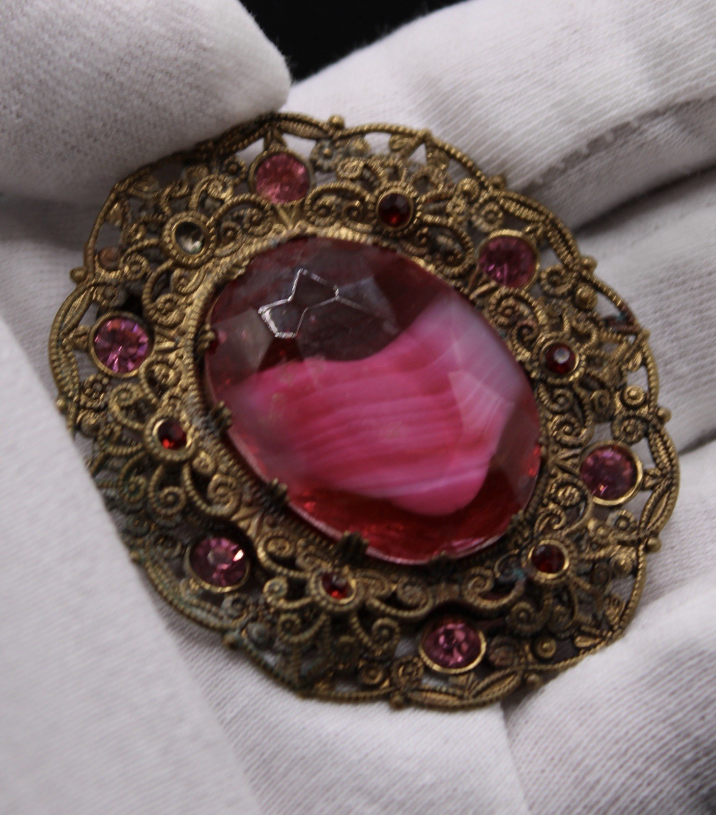 1940's Germany Purple Givre Glass Cabochon & Rhinestone Brooch