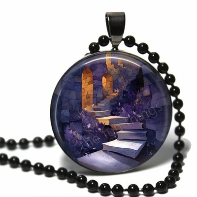 Fantasy Reading Magic Book Staircase Necklace 24'' Chain Glass Dome Bookish Gift