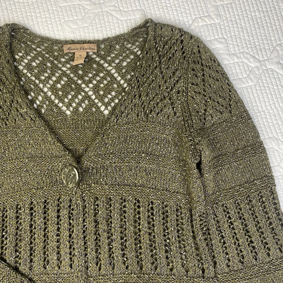 Marisa Christina 绿色喇叭袖钩针编织针织单扣开衫,尺寸 XL 波西米亚 — 第 3/4 张图片
