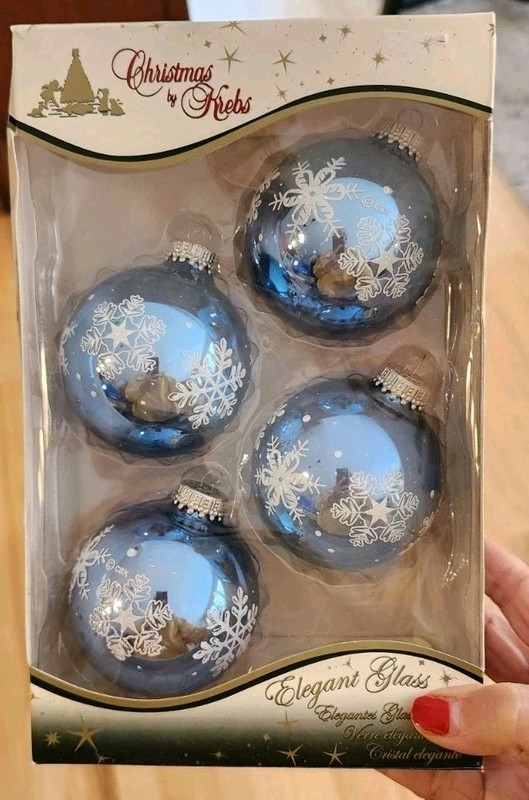 4 Christmas By Krebs Ornaments Snow Collection Blue with White Snowflakes