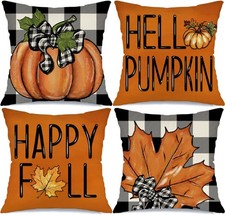 Happy Fall Hello Pumpkin Throw Pillow Covers 18x18 Set of 4 Autumn Maple Leaf