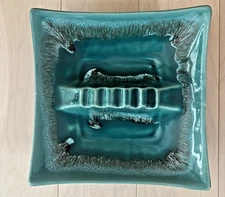 MCM Vintage 9 1/2"  Square Cigar/Cigarette  Ashtray Aqua Drip Glaze Pottery :USA