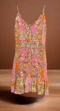 Olivaceous Smocked Bodycon Mini Dress Women's Paisley Ruffle Boho Chic - Small