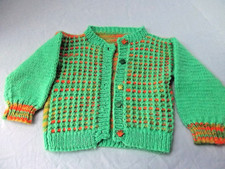 vtg Hand made knit baby girl boy doll cardigan sweater grn orange ylw 12 mo NEW