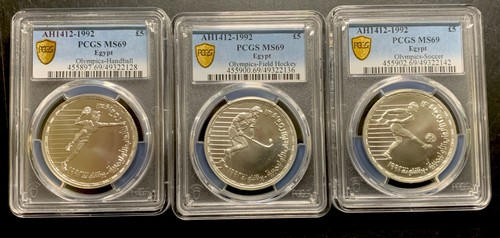 Egypt AH1412-1992 Olympics Silver 5 Pd /Handball, Field Hockey, Soccer PCGS MS69
