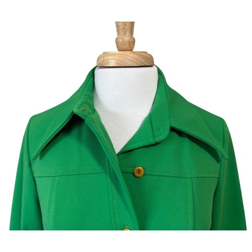 Vintage 60s 70s Alex Colman Bright Green Button Down Long Sleeve Polyester Shirt - Picture 4 of 7