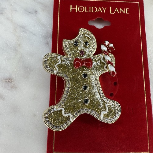 Lebkuchenmann Weihnachten Brosche Xmas Holidays Wintermode goldfarben Kristall - Bild 13 von 15