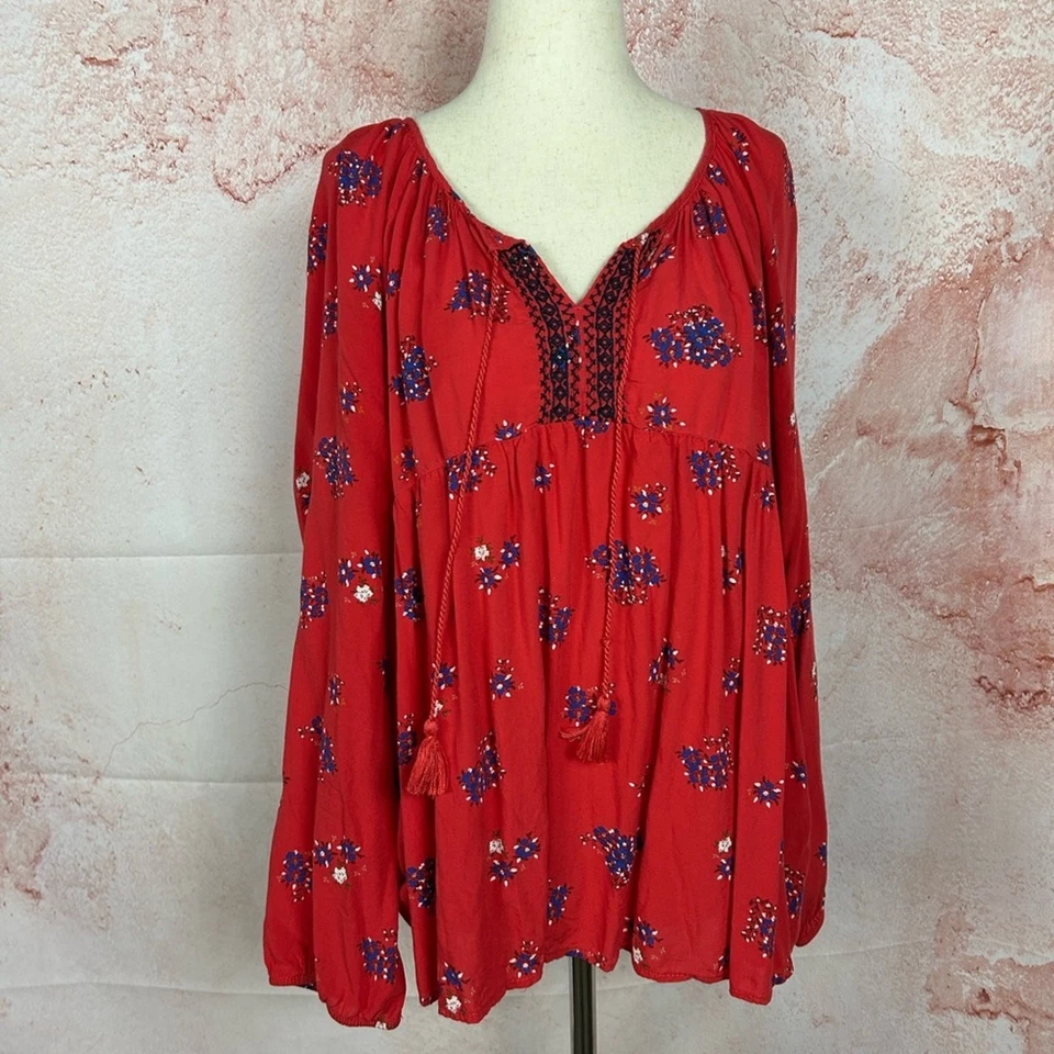 Top campesino boho bordado OLD NAVY talla XXL vaquera costera borla corbata roja Foto 2 de 4
