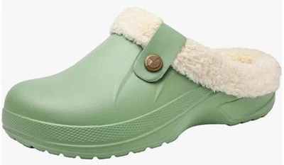BESLIP Grüne und cremefarbene Damen-Winterclog-Hausschuhe mit Fleecefutter UK-Größe 7–7,5