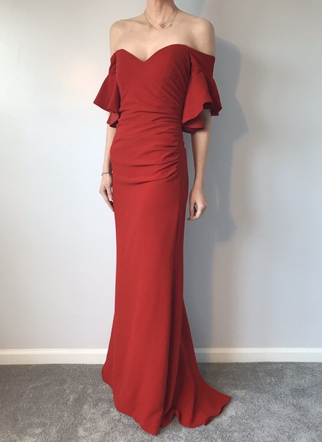 badgley mischka off the shoulder gown