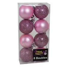 Christmas Decoration 8 Pack 50mm Glitter / Plain Baubles - Pink