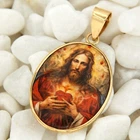 14k Real Yellow GOLD Porcelain Holy Sacred Heart of Jesus Christ Medal Pendant
