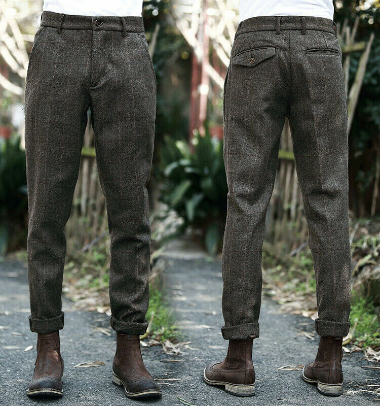 Mens Tweed Trousers Vintage Herringbone Checks Casual Slim Fit Pants  Trousers