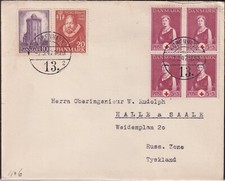 DÄNEMARK 1947, 5+3 Öre Rotes Kreuz Viererblock mit 10 Öre und 20 Öre Zusatzfrank