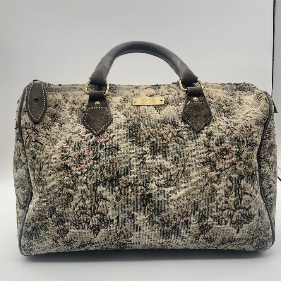 VINTAGE FRENCH LUGGAGE CO "GRAY ROSE" SUEDE TAPESTRY USA Speedy 13” Tote Bag - Image 3 of 4