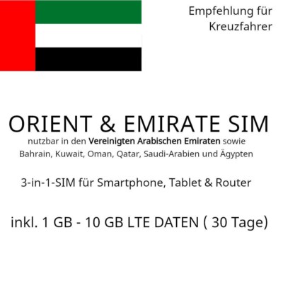 Vereinigte Arabische Emirate SIM (+6 Nachbarländer) und 1 GB - 10 GB LTE Daten