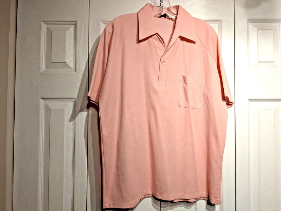 Lilly Dache VIntage диско 70-х вязаный мужчин большой розовый коротким рукавом рубашка-поло карман - Изображение 3 из 4