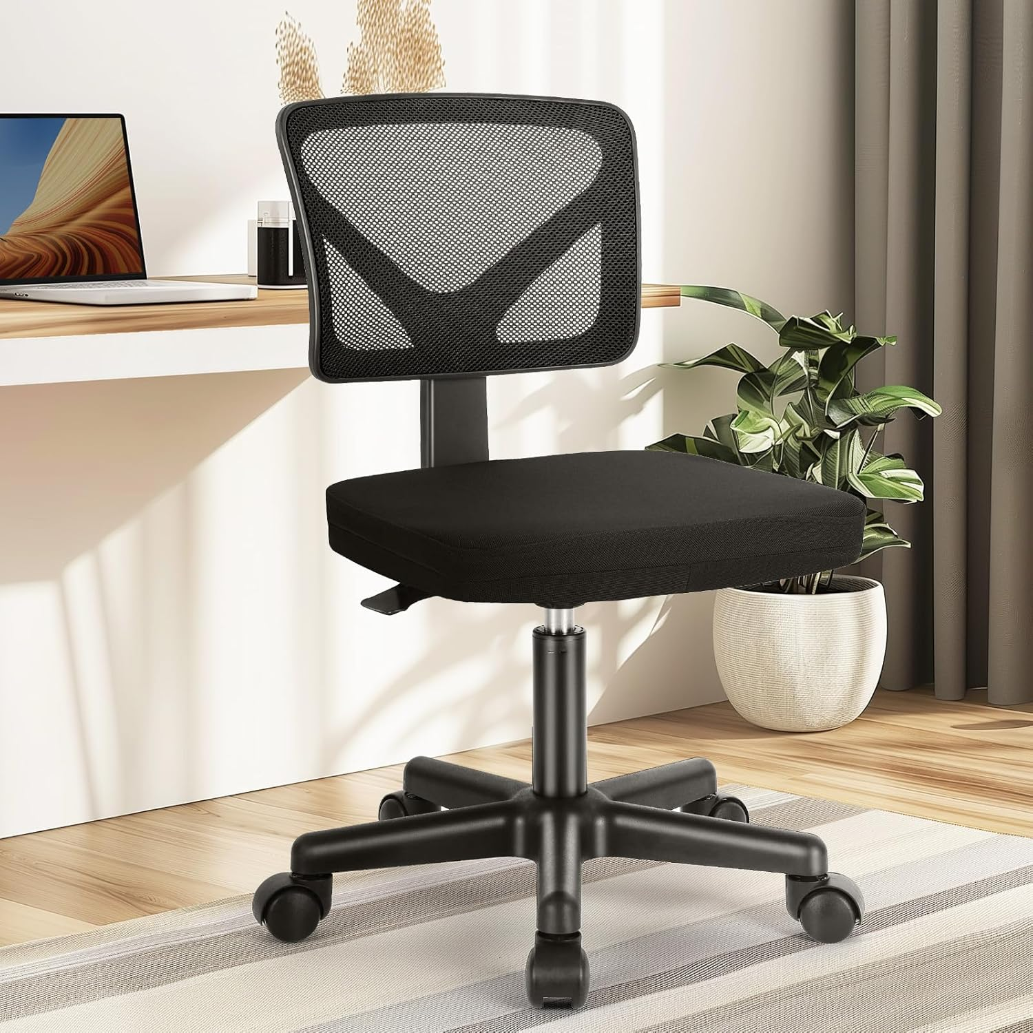 Armless Rolling Desk Chair Ergonomic Adjustable Cute Home Office Seat Without Arms