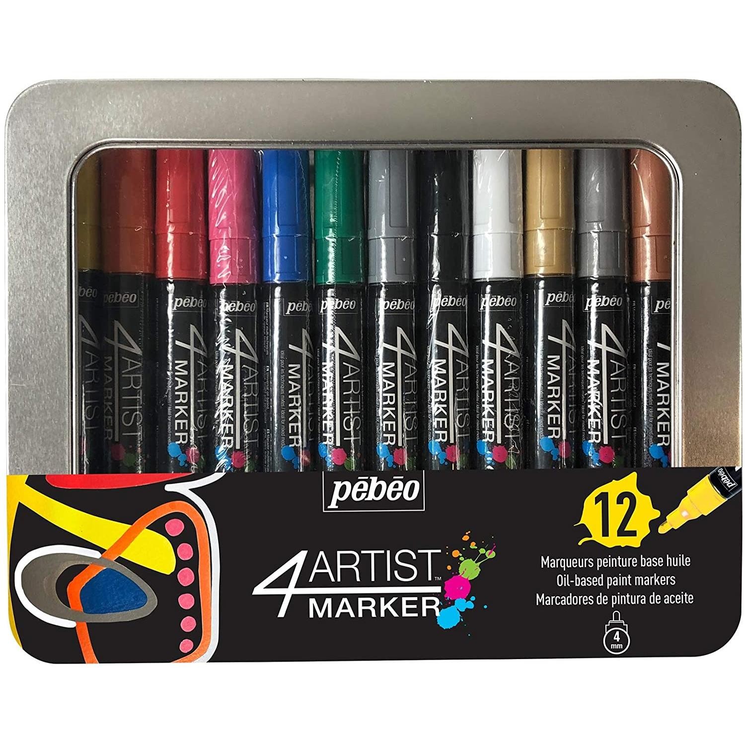 Marqueurs peinture Pébéo 4ARTIST 4mm boîte métal de 12 feutres pour dessin