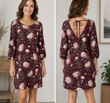 LOFT Women’s Small Petite Burgundy Maroon Floral 3/4 Sleeve Bow Shift Dress New