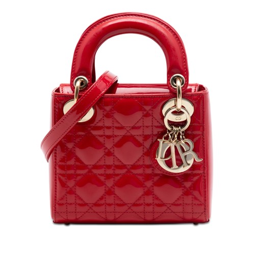 Dior Mini Patent Cannage Lady Pre-Loved Satchel Red