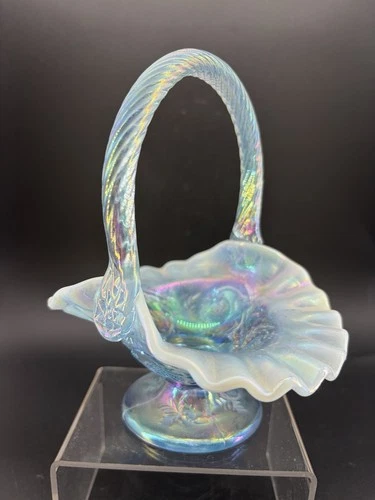 Vintage Fenton Opalescent Glass Basket w/ruffled rim