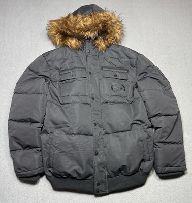 Ecko Unltd Black Faux Fur Hood Puffer Jacket Mens L Rhino Logo Streetwear