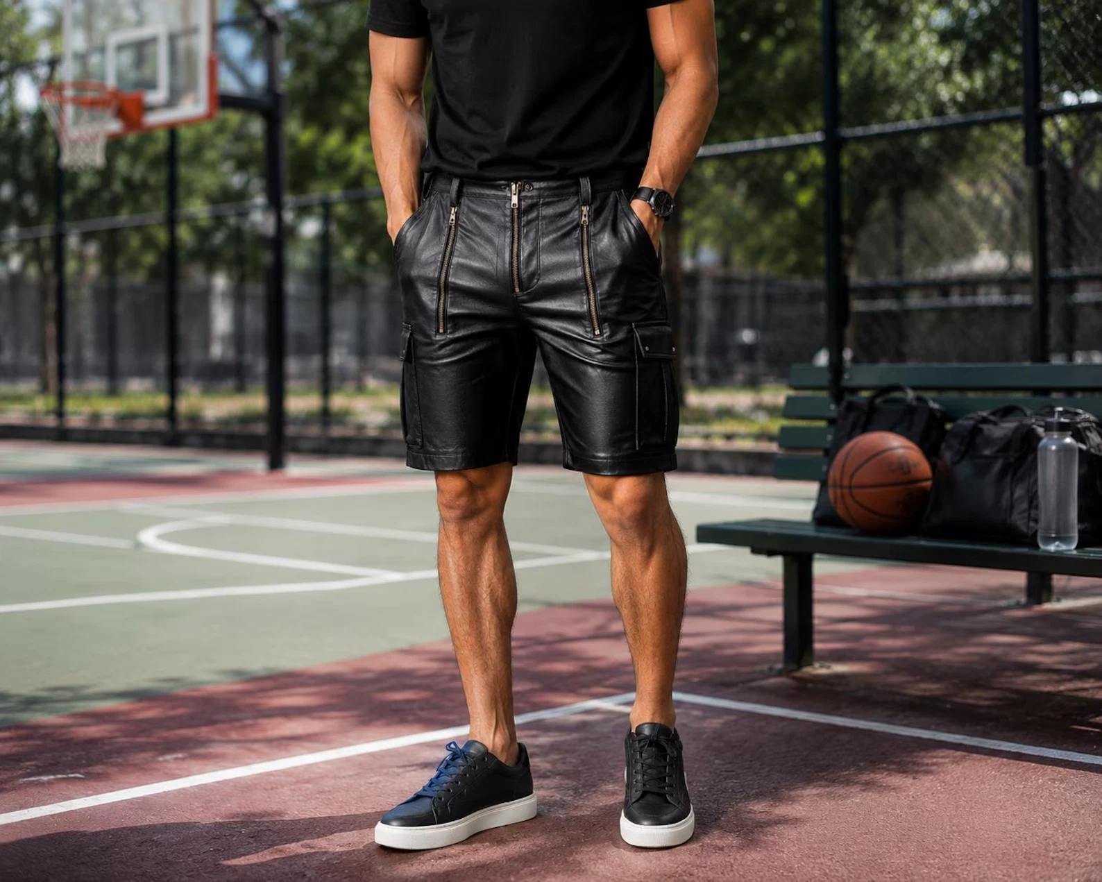 Men's Black Genuine Lambskin Leather Cargo Shorts – Gothic Biker Zipper Pocket