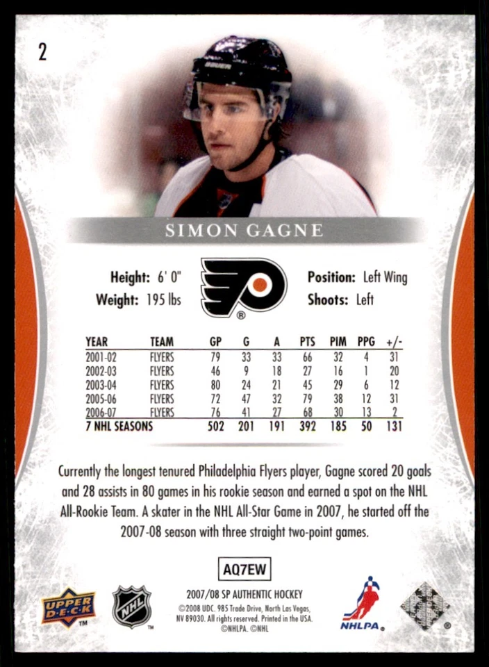 2007-08 SP Authentic Simon Gagne Philadelphia Flyers #2 - Image 2 of 2