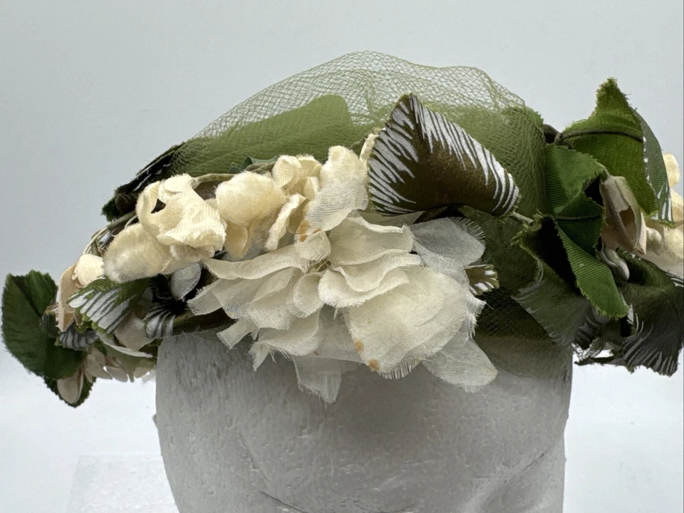 Vintage Mr. John Jr. Flowered Hat 1970s Tulle White Flowers Green Leaves Boho - Image 2 of 4