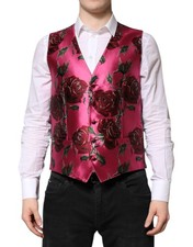 Dolce & Gabbana Pink Floral Satin Formal Men Waistcoat Men's Vest Authentic