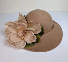 Vintage Bollman Doeskin Beige Wool Felt Hat With Burlap Magnolia Bow Made in USA