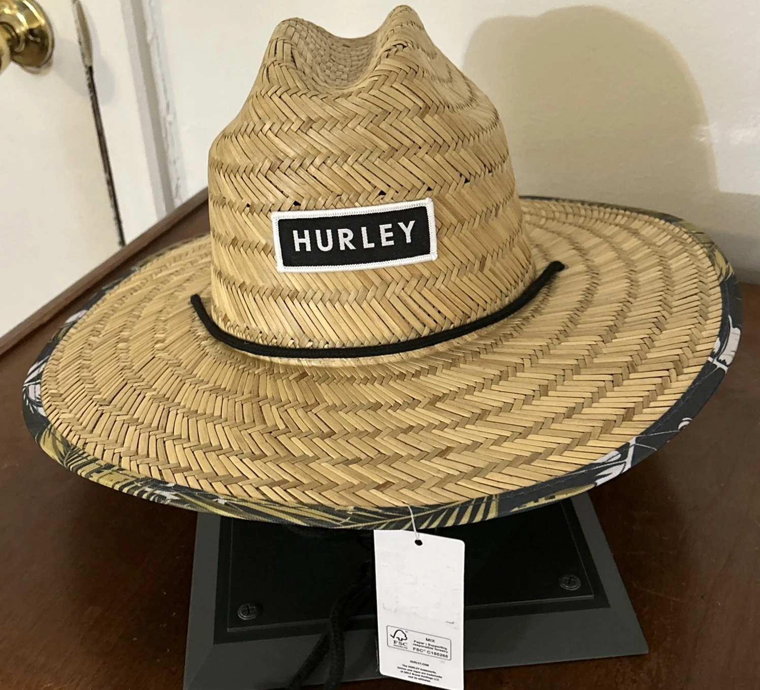 Hurley Straw Lifeguard Sun Hat Tan Green Pink Tropical Monstera One Size NWT
