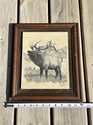 John White Signed Framed Elk Nature Realism Pen Drawing, Original 1984 Art