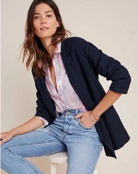 Anthropologie Amadi Kaye Navy Linen Blend Blazer Size Medium