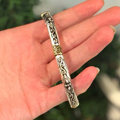 Silver Tone Metal Bangle Bracelet w/ Gold Tone Accents Etched Scroll Pattern