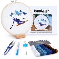 Embroidery Kit for Adult Beginners,Skiers 7.87 inches, Blue and brown skier