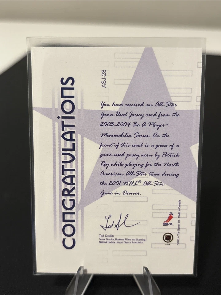 2002-03 ITG Be A Player All-Star Edition Game-Used Jersey Patch Patrick Roy HOF - Image 2 of 3