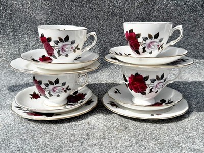 VINTAGE COLCLOUGH TEESERVICE 12-TEILIG D662 ROTE ROSE HERGESTELLT IN ENGLAND VERGOLDETE BORTE
