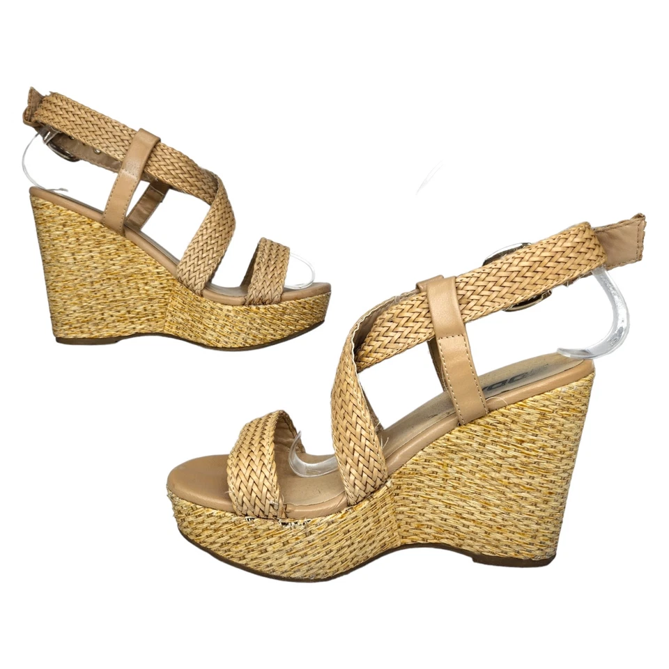 Soda Heels Womens 6 Tan Rattan Wedges Peep Toe Strappy Boho Bohemian Woven - Image 2 of 4