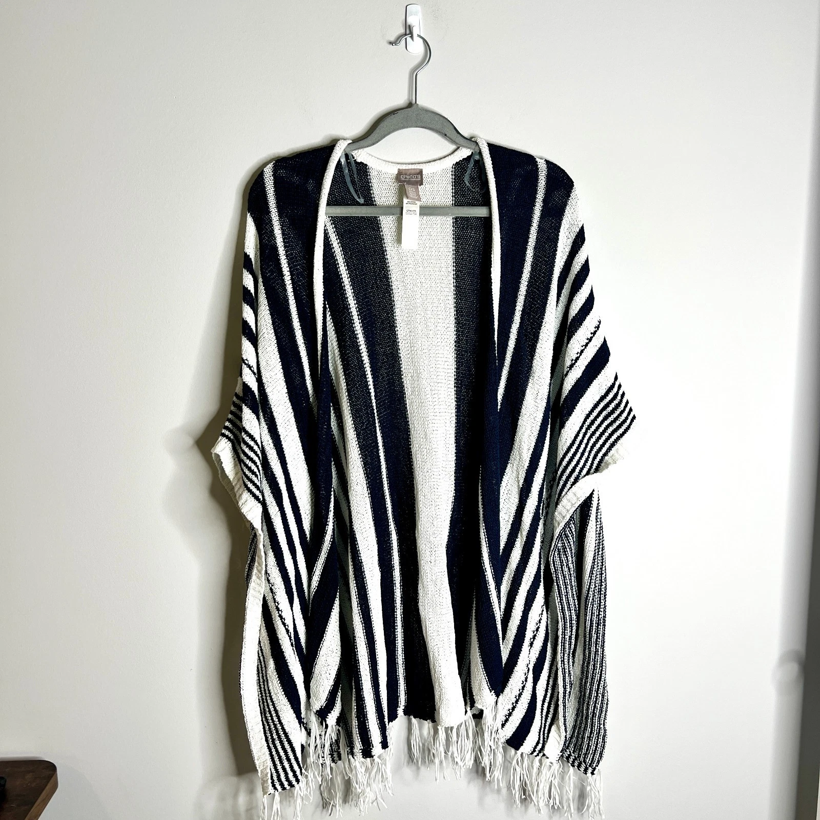 Chico's Navy Striped Wrap Poncho Duster Tasseled Beachy Crochet Coastal Beach OS